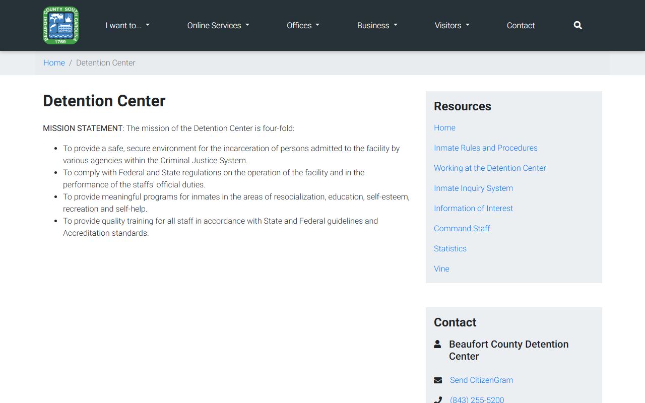 Beaufort County Detention Center official contact page for inmate lookup