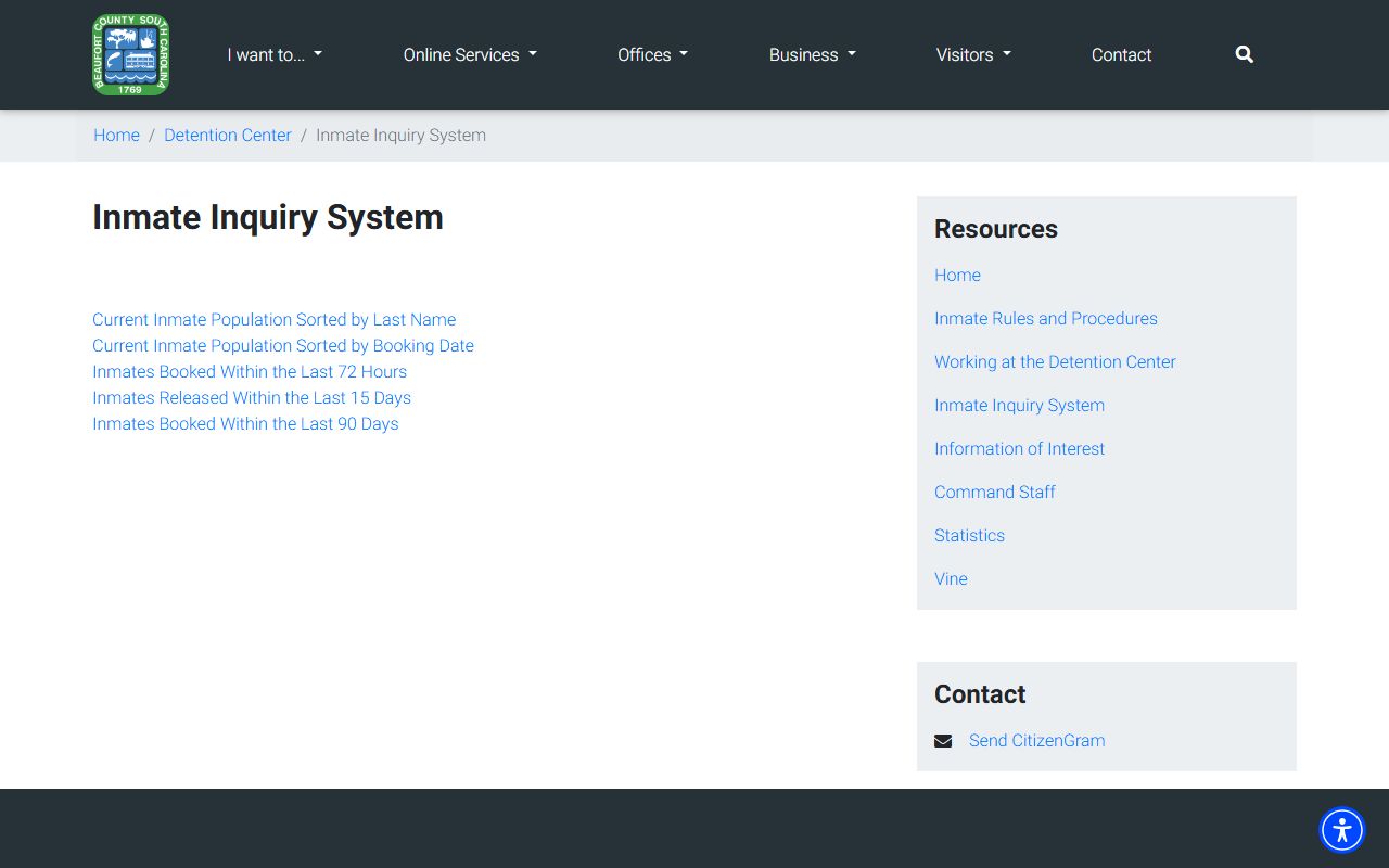 Beaufort County inmate inquiry system roster feed links
